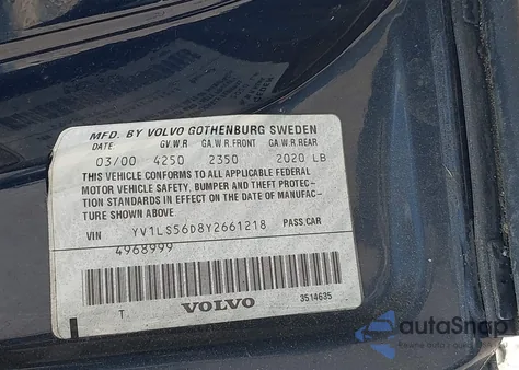 2000 Volvo S70 Glt/Glt Se z USA, uszkodzony, nr VIN YV1LS56D8Y2661218